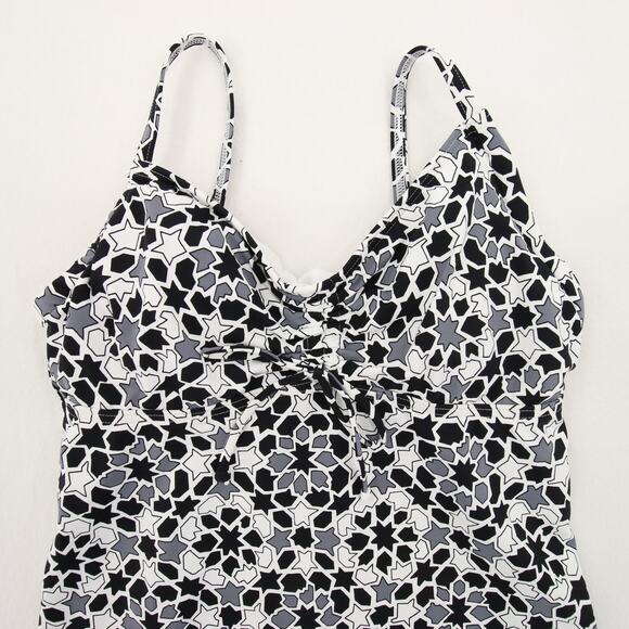 Lands End Tankini Top Black White Geometric Print Ruched Bow Tie V Neck Size 2 - Picture 2 of 9